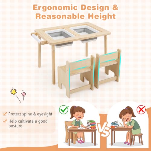 HONEY JOY 3-Piece Sensory Table and Chair Set for Kids with Adjustable Height, Dual Sided Top, Bins & Art Accessories