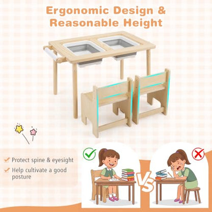 HONEY JOY 3-Piece Sensory Table and Chair Set for Kids with Adjustable Height, Dual Sided Top, Bins & Art Accessories