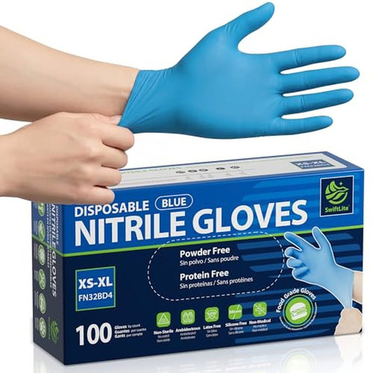 SWIFTLITE Food Safe Disposable Gloves, Blue Nitrile Rubber Gloves, Latex-Free Powder-Free for Food Prep, Cooking, Cleaning (Small, 100)