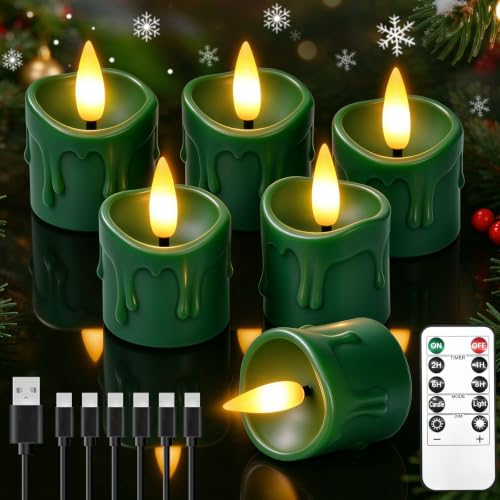 Green Rechargeable Flameless Tea Light Candles with Remote & Timer - 6 Pack