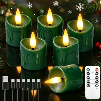 Green Rechargeable Flameless Tea Light Candles with Remote & Timer - 6 Pack