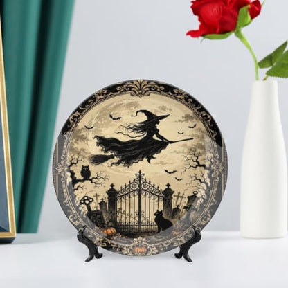 Witch Flying Over Graveyard Bone China Art Plate - 8 Inch Decorative Wall & Table Display Variation of This Listing