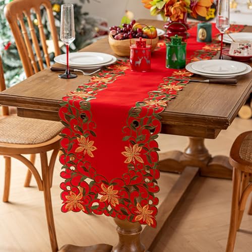 Christmas Red Flowers Table Runner 14 x 86 Inch Embroidered Holiday Decor - Variation of THIS listing