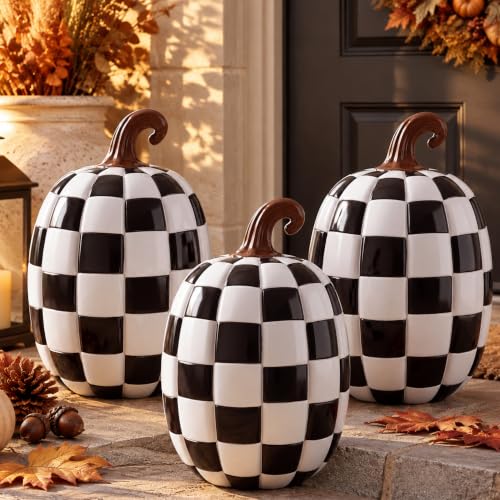 Black and White Checkered Pumpkins Set of 3 - Halloween Fall Decor