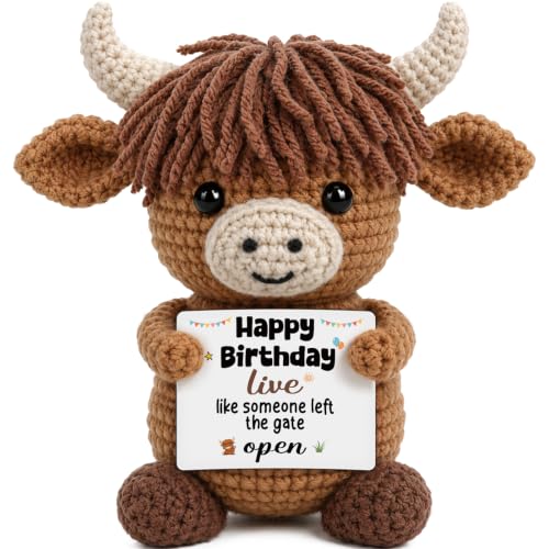 Highland Cow Birthday Decorations for Women Men - Cheeky Crocheted Gift with Card - Variation of Birthday