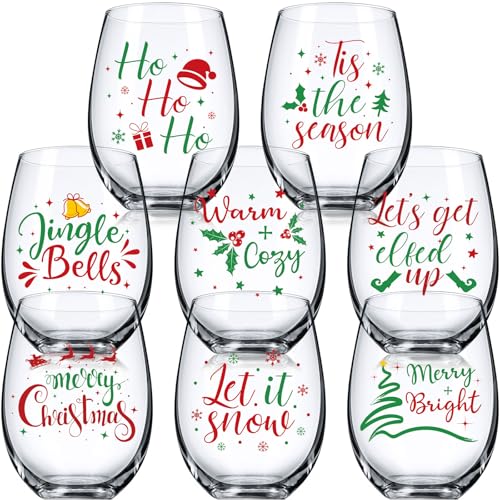 Umigy 8 Pcs Christmas Stemless Wine Glasses 15 oz Word Theme, Red Green Variation