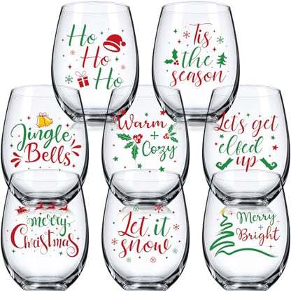 Umigy 8 Pcs Christmas Stemless Wine Glasses 15 oz Word Theme, Red Green Variation