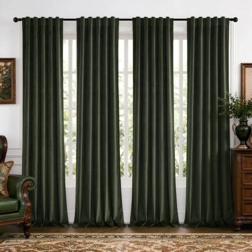 Olive Green Velvet Curtains Set of 4 - 40x84 Inch Back Tab Panel