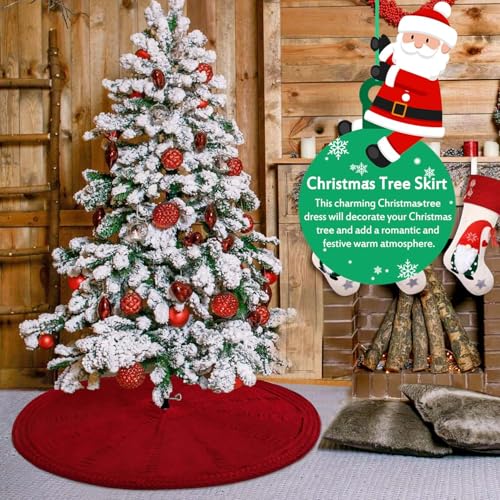 Christmas Tree Skirt 48 Inch Red Cable Knit Rustic Holiday Decor for Indoor Xmas