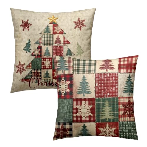 Christmas Tree Outdoor Pillow Covers 18x18 Set of 2 - Patchwork & Plaid Design