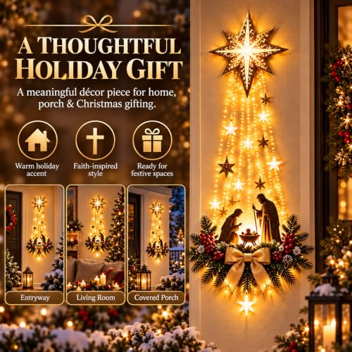 Lighted Nativity Wall Decor - Bethlehem Star of Faith with Manger Scene, 1 Piece - Glowing Christmas Religious Ornament