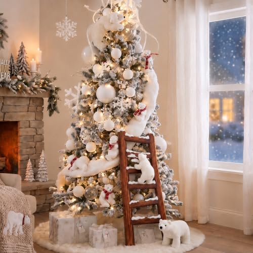 Polar Bear Christmas Staircase Decorations Set with Wooden Ladder and Plush Toys