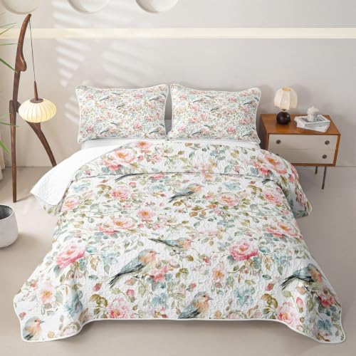 Watercolor Garden Quilt Set Full Pink Green – Sparrow Floral Bedding with Pillowcases