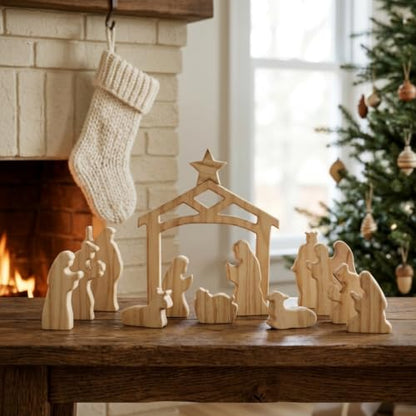 Unfinished Wooden Nativity Scene Set - 13 Pcs Christian Christmas Decor