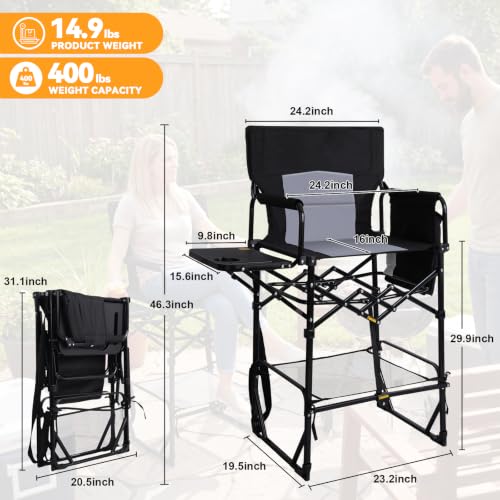 Black Oversized 30-Inch Tall Camping Chair with Side Table & Cup Holder - Supports 400 lbs