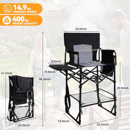 Black Oversized 30-Inch Tall Camping Chair with Side Table & Cup Holder - Supports 400 lbs