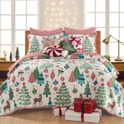 Euro Sham Set of 2 - 26x26in Tree Festival Red & White Stripe - Tie Closure - Polyester - Variations