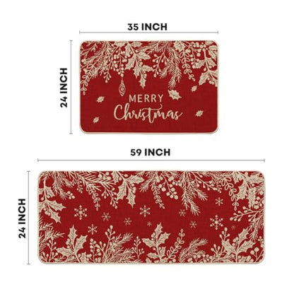 Christmas Holly Pine Branch Kitchen Mats Set of 2 - 24x35 & 24x59 Inches, Red Variation