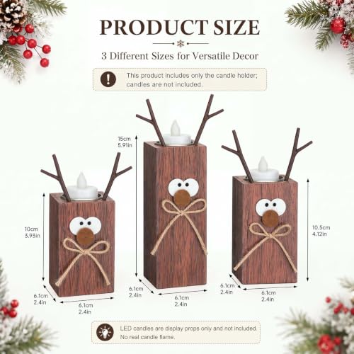 Set of 3 Rustic Wooden Reindeer Candle Holders for Christmas Decor