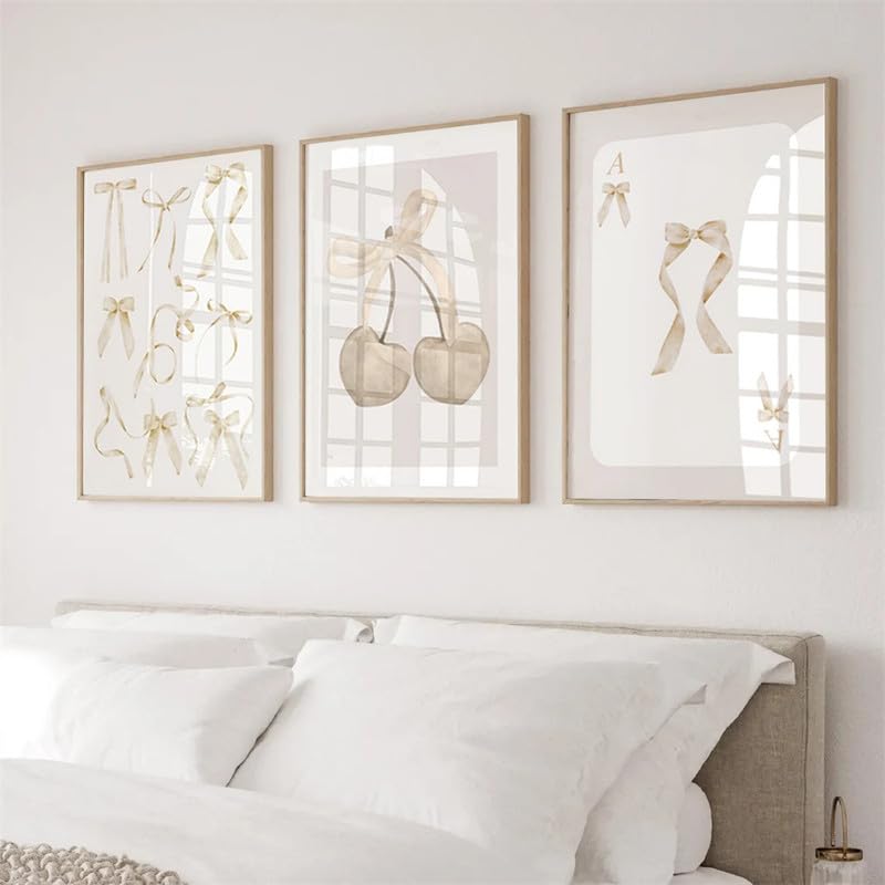 Framed Triptych Wall Art Set - Beige Coquette Bows Canvas with Frame - 22x16 Inches