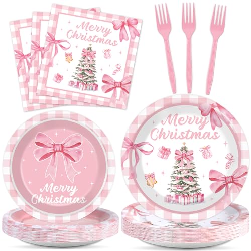 Pink Christmas Party Tableware Set - 96 Pieces for 24 Guests - Bow Plates & Napkins