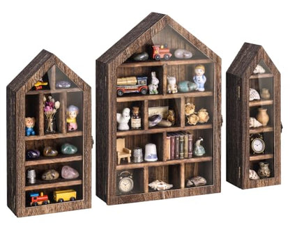 Brown House-Shaped Wooden Trinket Shelf Set with Doors - 3 Pieces