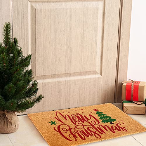 Christmas Door Mat - Natural Coir Xmas Tree & Merry Christmas Print, Non-Slip Indoor Outdoor 17x29 Inch