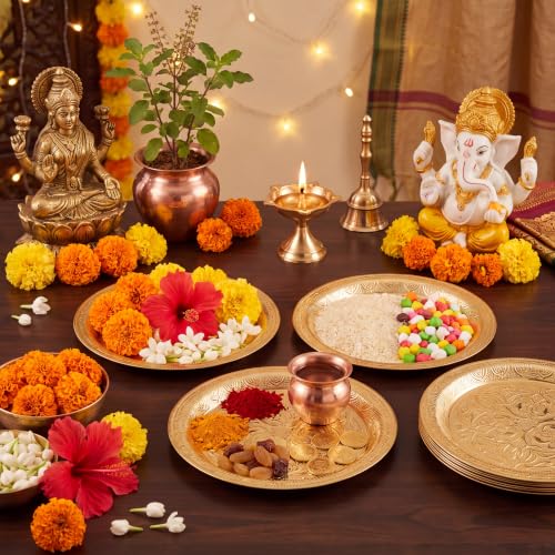 6 Pcs Gold Finish Indian Pooja Thali Tray Set for Religious & Festive Gift Giving