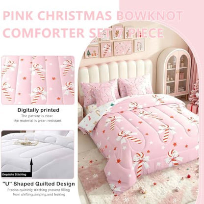 Feelyou Pink Christmas Girl Comforter Set with Sheets Full Size - Red, Pink & White Variation