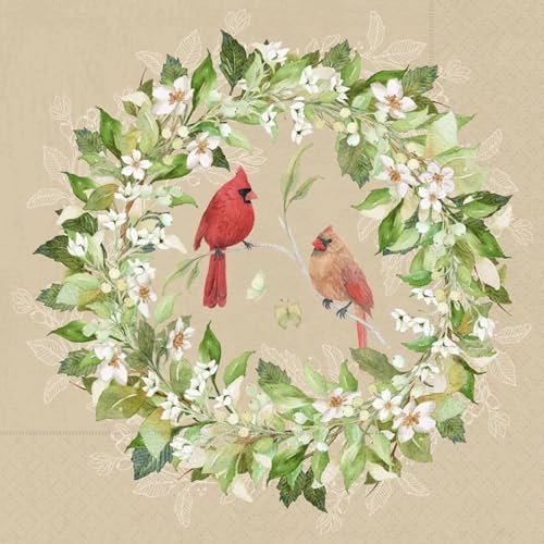 Cocktail Napkins - Cardinals and Floral Wreaths Design, 5 x 5 Inches, 20-Count - Disposables for Parties