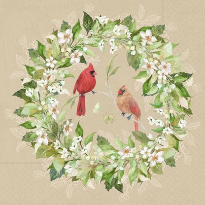 Cocktail Napkins - Cardinals and Floral Wreaths Design, 5 x 5 Inches, 20-Count - Disposables for Parties