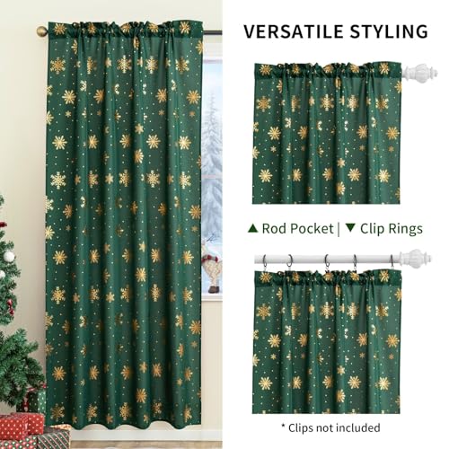 Christmas Curtains for Living Room 2 Pack Foliage Green & Gold Snowflake Foil Print 52W x 84L