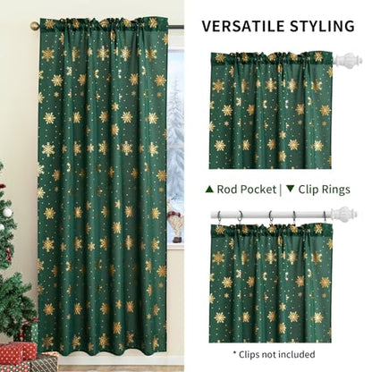 Christmas Curtains for Living Room 2 Pack Foliage Green & Gold Snowflake Foil Print 52W x 84L