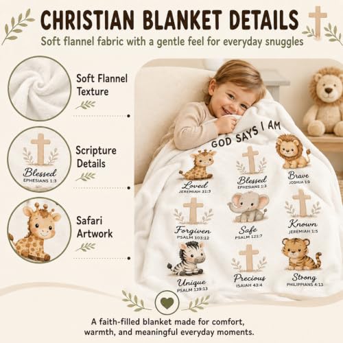 God Says I Am Safari Animal Kids Blanket 40x50 Inches - Christian Nursery Gift - Variation of God Says 01