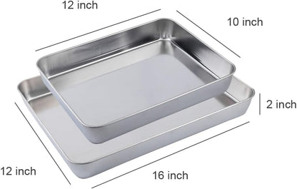 Stainless Steel Deep Baking Pan Set by [Brand Name] | 12" & 16" Uncoated Non-Toxic Bakeware – Heavy Duty Roasting Pans for Lasagna, Brownies, Bread & Cakes – Dishwasher Safe
