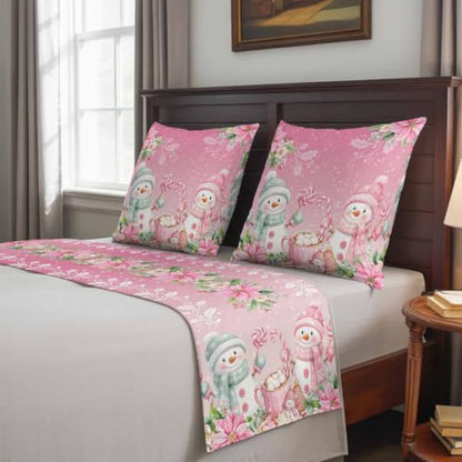 94x20 Inch Pink Bed Runner with Pillow Covers Set for King Bed Xmas Decor
