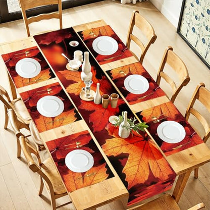 Autumn Maple Leaves Table Runner & Placemats Set - Fall Dining Decor, 6 Pieces (13x72" Runner + 12x18" Mats) - Thanksgiving Kitchen Decor