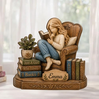 Personalized Girl Who Loves Books Wooden Block - Book Lover Shelf Decor - Book 02