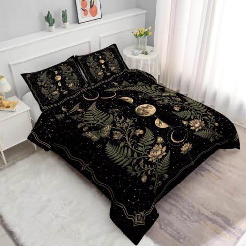 Moon Phase Queen Comforter Set - Celestial Bedding with Botanical Design - Variation Moon 01