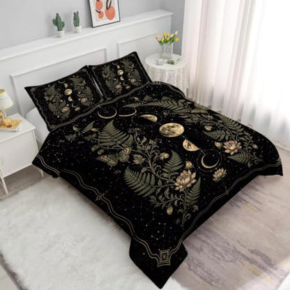 Moon Phase Queen Comforter Set - Celestial Bedding with Botanical Design - Variation Moon 01
