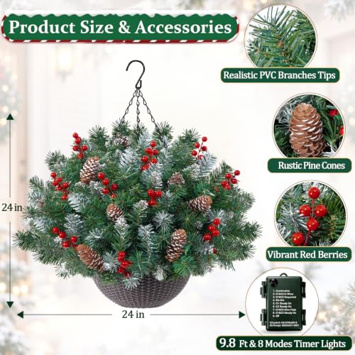 24 Inch Artificial Christmas Hanging Basket with Lights - Outdoor Decor - Variation 1