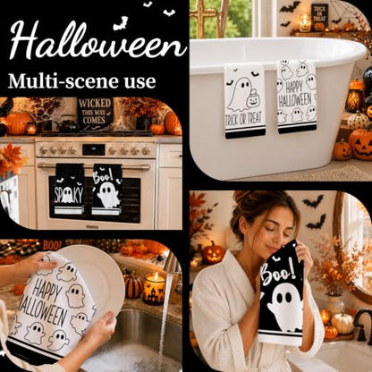 Halloween Kitchen Towels Set with Ghost Prints - 4 Pack, 18 x 26 in, Black & White