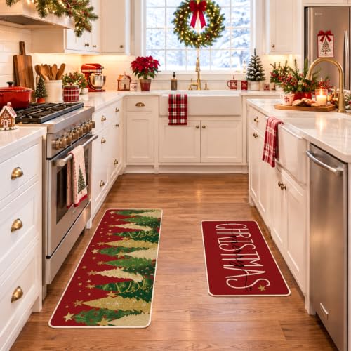 Christmas Kitchen Mats Set of 2 - 17x29" & 17x47" Burlap Backed Non-Slip Rugs