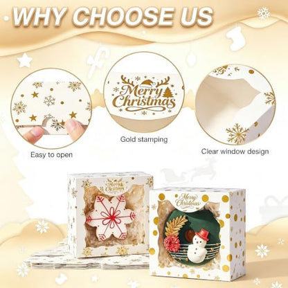 24PCS 4x4x2 Inch Christmas Treat Boxes with Clear Window – White, Gold Foil Pattern, 6 Per Style