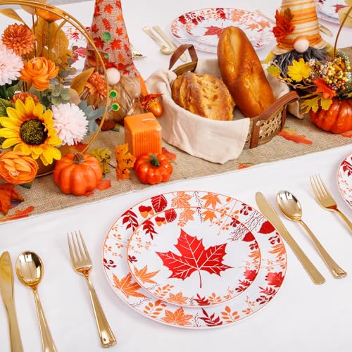 Thanksgiving Plastic Plates Set - Red Orange Round Style for Fall Parties, 30 Dinner & Dessert Plates with Gold Cutlery