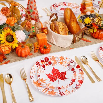 Thanksgiving Plastic Plates Set - Red Orange Round Style for Fall Parties, 30 Dinner & Dessert Plates with Gold Cutlery