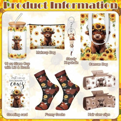 Sunflower Highland Cow Gift Set with Tumbler Tote Bag Socks - Cute Christmas Present