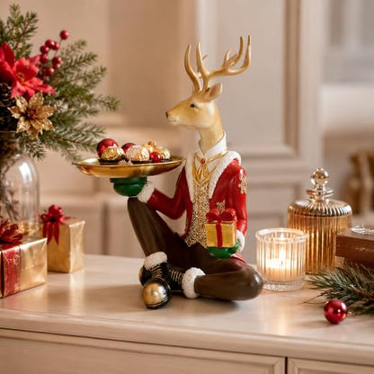 Red Deer Statue Tray for Entryway Jewelry and Keys - Festive Christmas Decor