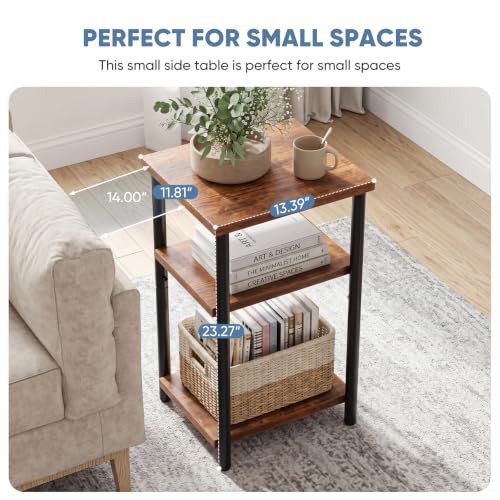 Rustic Brown Small End Table with 3 Shelves - Compact Nightstand for Small Spaces - 1 Pack