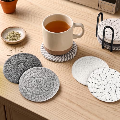 10-Pack Cotton Linen Coasters with Holder, Absorbent Drink Coasters for Kitchen & Bar